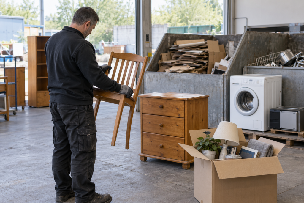 Prüfung gebrauchter Möbel zur Wiederverwendung neben getrennt gesammelter Pappe, Metall und Elektrogeräten.